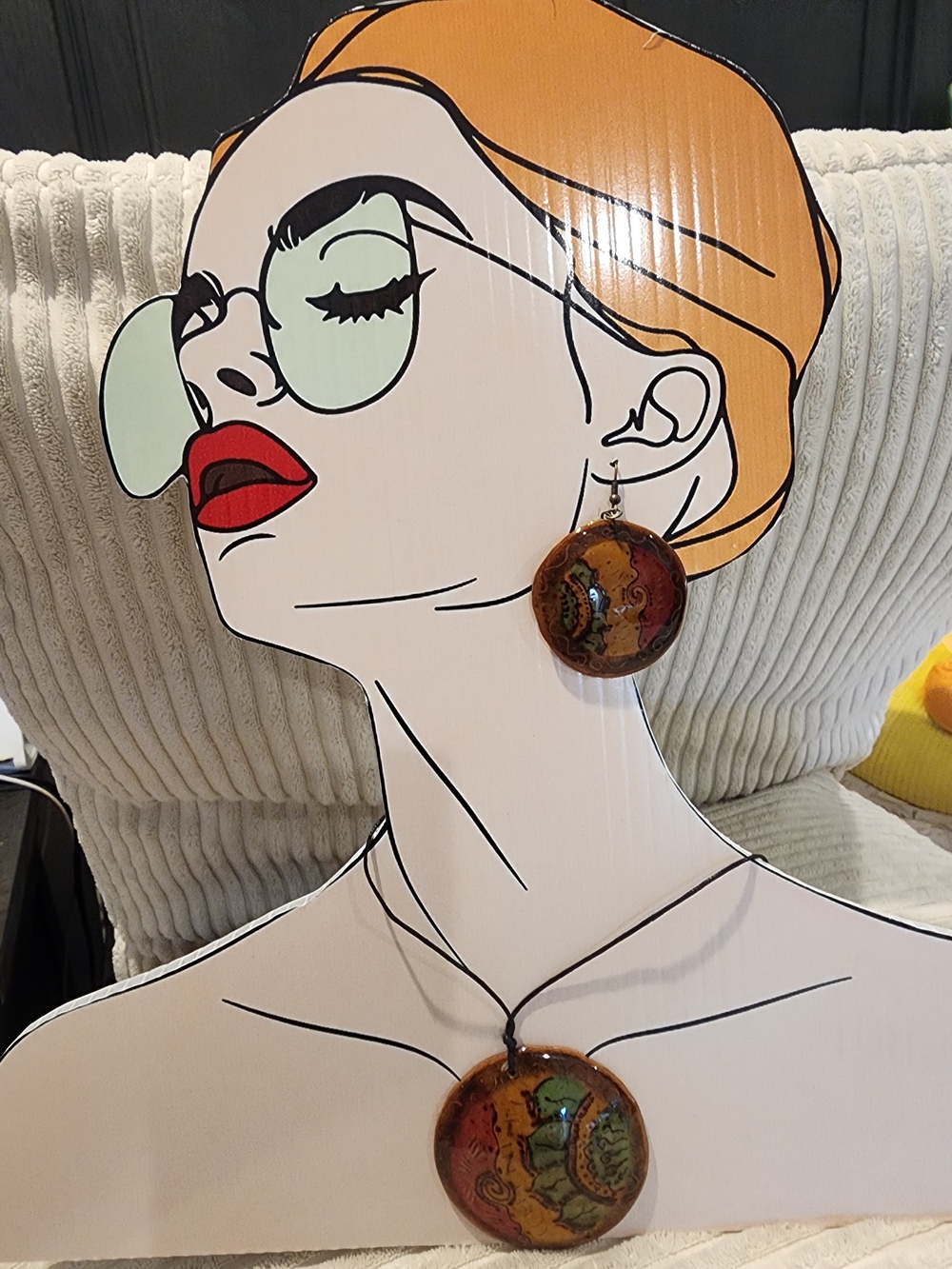 Bohemian Hand-Painted Round Pendant Necklace and Earring Set in Brown